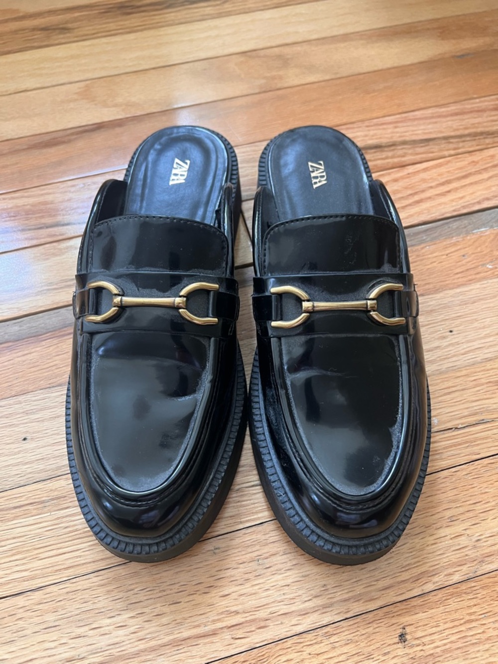ZARA Black Patent Slip-On Loafers with Gold Horsebit